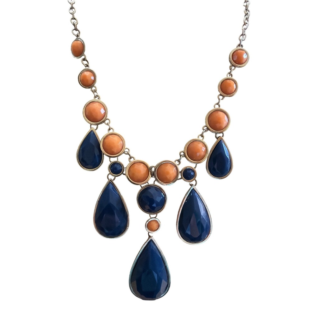 Navy‎ Blue and Orange Teardrop Bib Statement Necklace Gold Tone Boho